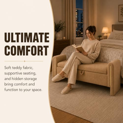 52" Upholstered Storage Bench, Brown, Armrests, Wood Frame