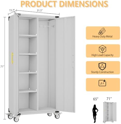 pozdeg 71" Rolling Lockable Metal Broom Closet Storage Cabinet, Grey White