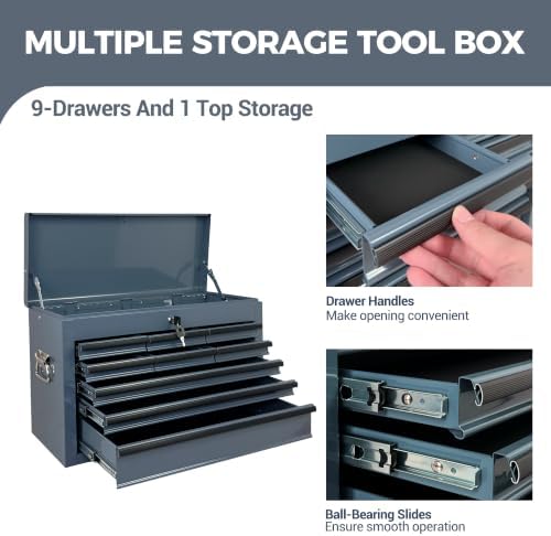 9 Drawers Metal Tool Box, 24" Portable Steel Tool Chest with Key Lock & EVA Liners, Multi-Function Top Storage Tray Toolbox with Powder Coating & Ball Bearing Slides for Garage & Workshop(Grey)