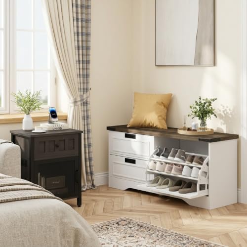 FATORRI Shoe Storage Bench with Flip Drawer, Wooden Entryway Bench, Modern Shoe Cabinet with Removable Drawers for Hallway, Living Room (Walnut Brown & White Oak)