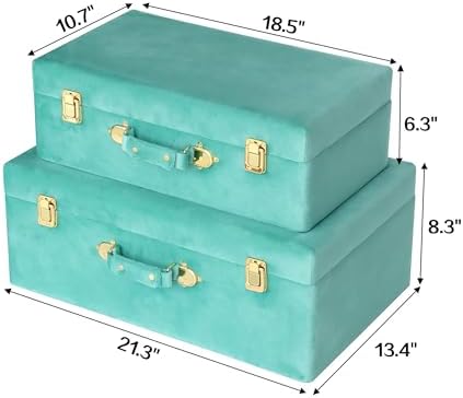 HofferRuffer Velvet Storage Trunks with Wood Frame, Set of 2 Storage Chests with Handles, Bedroom Organizer Nesting Upholstered Decorative Boxes Hinged Lid with Gold Hardware Accents (Green Trunks)