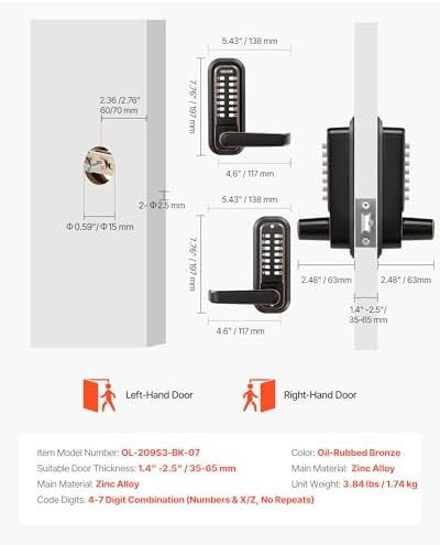 VEVOR Mechanical Keyless Entry Door Lock, 2.0 Code Upgrade, 4-7 Digits Code, Double-Sided Push Button Combination Keypad Door Lock with Handle, Auto Locking, for Indoor or Outdoor, Oil-Rubbed Bronze