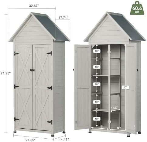 Outdoor Storage Shed with Floor & Adjustable Shelves, Wooden Garden Tool Cabinet Weatherproof, 71" Vertical Patio Organizer