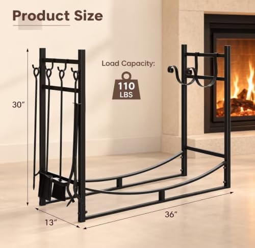 Tangkula 36'' Firewood Log Rack with 4 Tools Set for Indoor & Outdoor