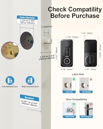 Hornbill Video Smart Lock with Camera: 10-in-1 Ring+2K Camera+Doorbell+Fingerprint Keyless Entry Door Lock, Built-in WiFi Deadbolt(only 2.4G), Two-Way Audio/App Remote Control/PIR, No Monthly Fee