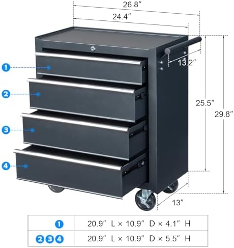 Winado 4 Drawer Rolling Tool Cabinet, Lockable Steel Tool Chest, Black