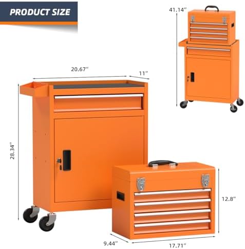 5-Drawer High Capacity Rolling Tool Chest, Removable Cabinet Storage Tool Box with Wheels and Drawers, Detachable Toolbox with Lock for Mechanics Garage Workshop and Tool Room (Orange)