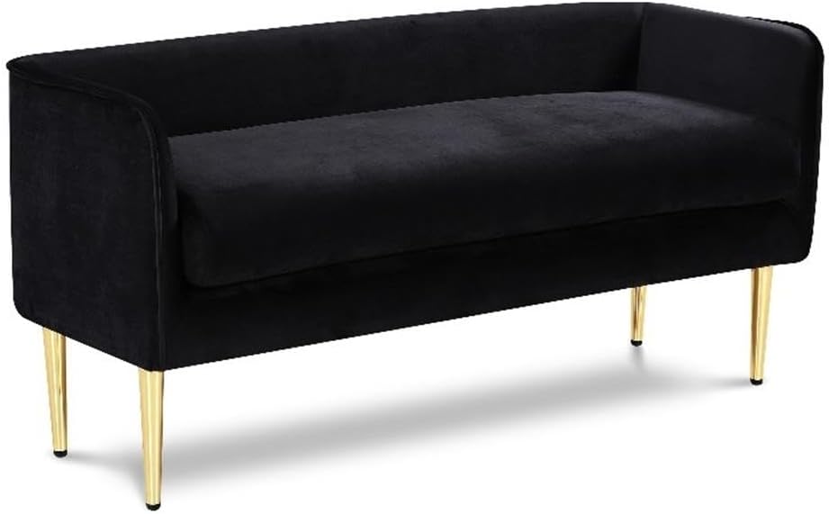 Meridian Furniture Audrey Collection Modern | Contemporary Velvet Upholstered Bench with Sturdy Metal Legs in Gold Finish, 52" W x 19" D x 24" H, Black