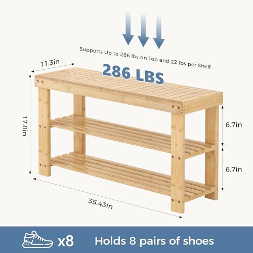 DUMOS Wooden Shoe Rack Bench, 3-Tier Bamboo Entryway Benches with Storage, Holds Up to 286 lb Storage Organizer, Suitable for Bedroom Living Room Balcony, 11.3 x 35.43 x 17.8 Inches, Natural Bamboo