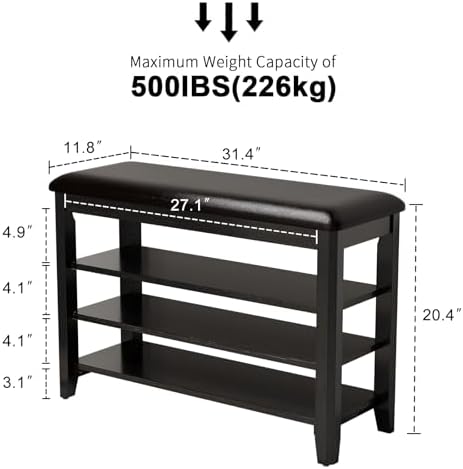 AQIMUELE Shoe Bench with Leather Cushion, 3 Tiers Shoe Storage Bench Height Adjustable, Walnut Wood Entryway Bench for Hallway, Mudroom