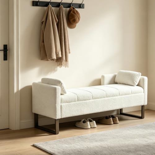 64" W Storage Benches End of Bed Bench, Ivory