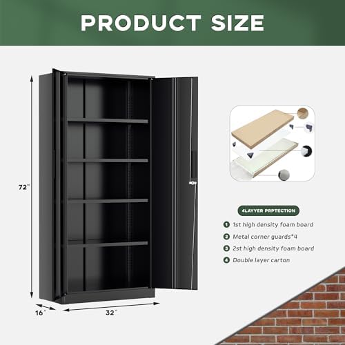 Greenvelly Metal Cabinet, 72” Black Tool Steel Locking Cabinet with Doors and 4 Shelves, Tall Cabinets for Garage Storage Systems Lockable File Cabinet for Home Office, Classroom/Pantry