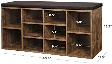 VASAGLE CUSTOS Collection - Shoe Bench, Storage Bench with Padded Seat, Entryway Bench with 10 Compartments, for Bedroom, 11.8 x 40.9 x 18.9 Inches, Rustic Brown and Chestnut Brown ULHS010X01