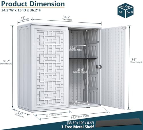 HOMSPARK Indoor/Outdoor Storage Cabinet with Doors and Shelf, 34”x15”x36” HDPE Plastic Storage Box Waterproof for Patio, Garden, Balcony, Multi-Purpose for Daily Tools, White