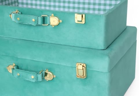 HofferRuffer Velvet Storage Trunks with Wood Frame, Set of 2 Storage Chests with Handles, Bedroom Organizer Nesting Upholstered Decorative Boxes Hinged Lid with Gold Hardware Accents (Green Trunks)
