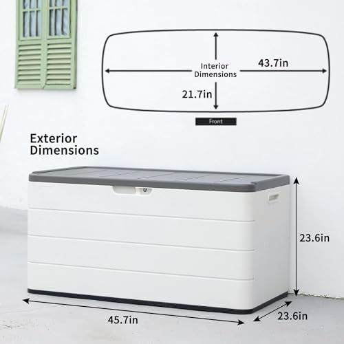 Mrosaa 110 Gallon Deck Box Waterproof,Double-Wall Resin Outdoor Storage Boxes, Deck Storage for boat slip storage,Cushions, Pool Float, Garden Tools,Patio Furniture, Lockable (OFF-WHITE)