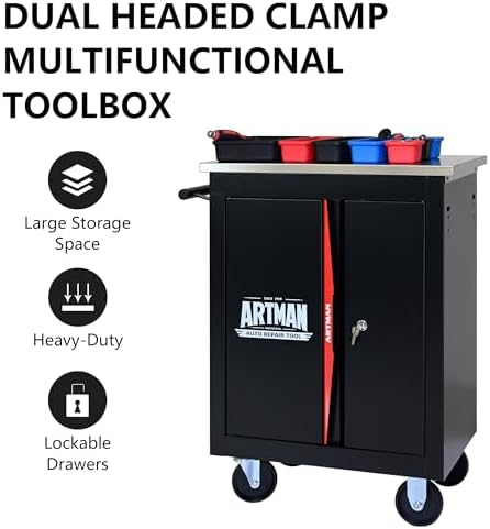 Double-Door Heavy-Duty Rolling Steel Tool Cart with Handle&Wheels, Metal Storage Organizer Cabinet, Tool Chest for Efficient Tool Storage in Garage, Warehouse, Workshop, Repair Shop, Black&RED