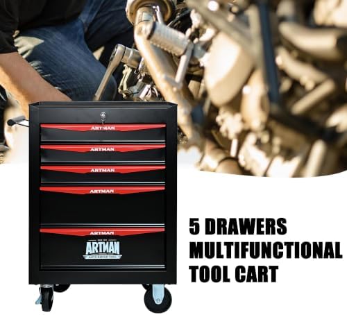 Heavy Duty 5-Drawer Rolling Tool Chest, Key Lock Tool Storage Cabinet with Lockable Casters & Drawer Liners, Mobile Tool Organizer Cart for Garage Workshop Warehouse Repair Shop (Black)