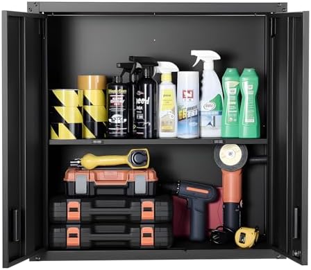 VEVOR Metal Wall Cabinet, 30W x 12.2D x 30H Inch, Steel Floating Hanging Storage Cabinet with Locking Doors and Adjustable Shelf for Garage, Basement, Kitchen, Warehouse Assembly Required, Black