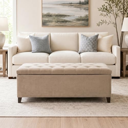 Madison Park 49" Upholstered Storage Bench, Button Tufted End of Bed Bench with Storage, Dual Spring Soft-Close Lid, Bedroom Bench for Queen King Bed, Entryway Living Room, Sand