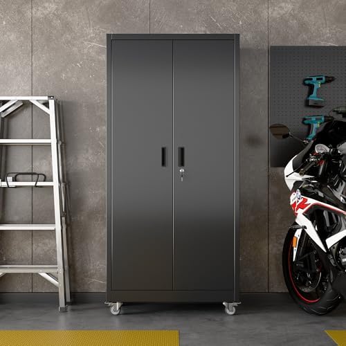 Metal Garage Storage Cabinet with Wheels and Pegboard Doors