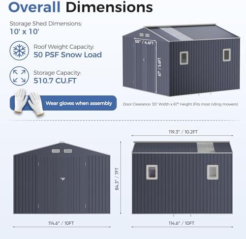 K Knowbody 10x10 FT Metal Storage Shed, 20-Gauge Frame with Double Doors