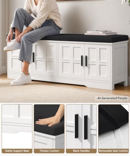 Akxomel 47.2" Shoe Storage Bench 4 Doors Wooden Entryway Bench White
