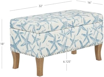 Linon Stephanie Cream and Light Blue Starfish Fully Upholstered Bench with Hidden Interior Storage