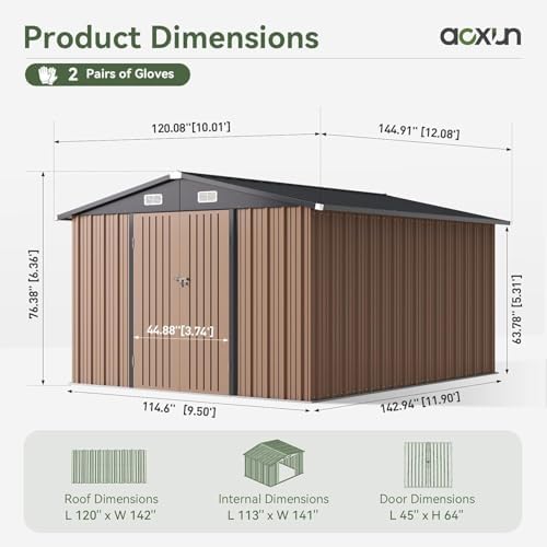 Aoxun 12 x 10FT Outdoor Storage Shed with Double Hinged Large Door, Brown