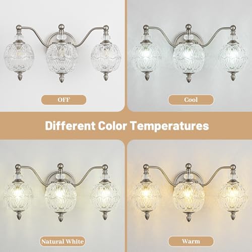 Brushed Nickel Bathroom Vanity Light, 3-Light Mid Century Modern Brushed Nickel Finish Wall Sconce with Globe Glass Shades, Modern Mirror Light for Bathroom, Powder Room