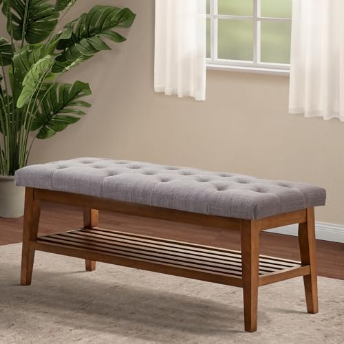 HUIMO Upholstered Entryway Shoe Bench, Button Tufted End of Bed Bench, Grey