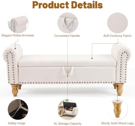 55" End of Bed Bench, Upholstered Bench with Storage, Queen, Beige