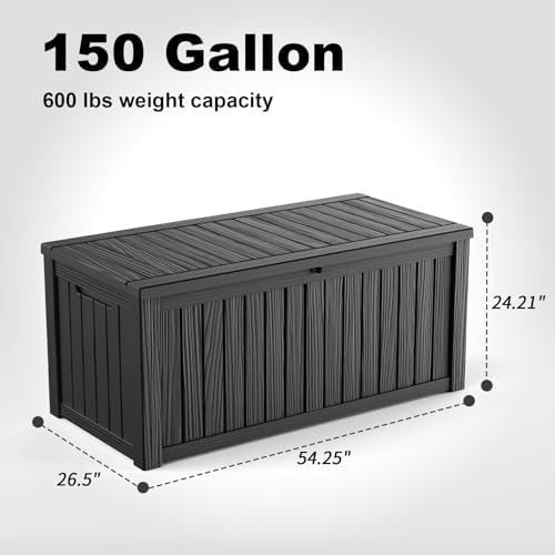 ROJIK 150 Gallon Deck Box Outdoor, Waterproof Outdoor Storage Boxes with Lids, Outside Resin Lockable Storage Box for Patio Cushions, Garden Tools(Black)