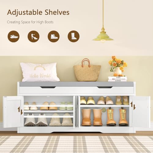 usikey 3-Tier Storage Bench, 47.2" Wide Shoe Bench with Lift Top Storage & 2 Adjustable Shelves, Entryway Bench with Padded Seat Cushion, 4 Doors, Shoe Cabinet Bench for Entryway, Living Room, Bedroom