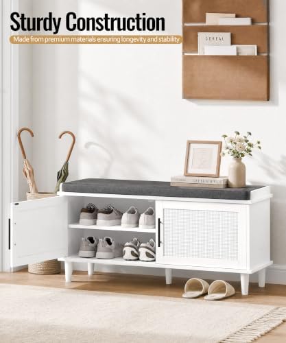 Akxomel 39.4" Rattan Shoe Storage Bench 2 Doors Wooden Entryway Bench White