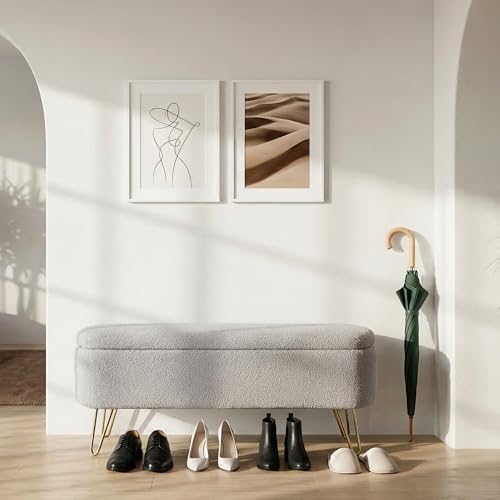 End of Bed Storage Bench for Bedroom, Small Boucle Storage Ottoman for Living Room Entryway, Teddy Fabric Upholstered Under Window Bench, Gold Legs, Grey