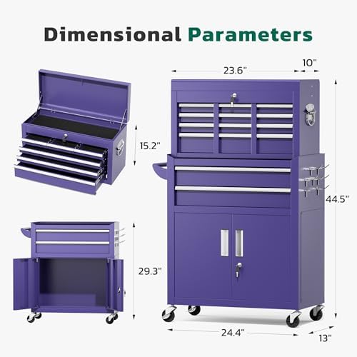 Greenvelly 8-Drawer Tool Chest with Wheels, Pre-Assembled Rolling Tool Chest, Detachable Top Tool Box, Lockable Design, Comes with Drawer Liners & Side Hooks for Garage Workshop Repair Room (Purple)