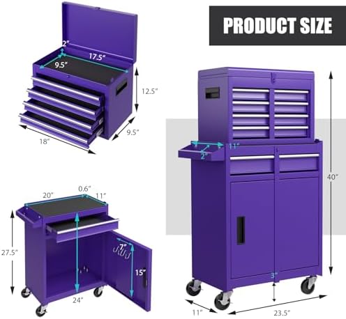 DREAMADE 5-Drawer Tool Chest Combo, Rolling Tool Cabinet w/Detachable Top Tool Box, Adjustable Shelves, Lockable Wheels, Metal Tool Box for Garage, Workshop, Repair Shop Storage (Purple)
