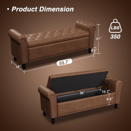 FiveWillowise 55" Bedroom Bench, End of Bed Bench with Storage, Brown