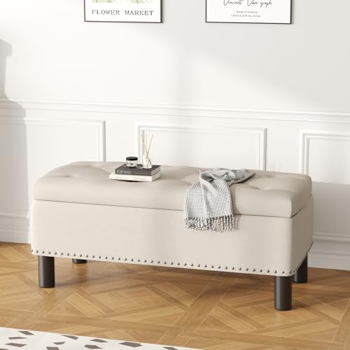 Furniliving Large Storage Ottoman, Beige, Wood Frame, Linen Fabric, 285 Lbs Capacity