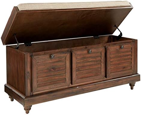 OSP Home Furnishings Dover Coastal Lift-Top Storage Bench with Shutter Face Styling, Distressed Brown Finish with Beige Linen Fabric Cushion