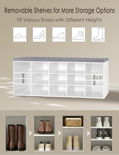 DINZI LVJ Shoe Storage Bench with Cushion, 15-Cubby Shoe Rack with Seat