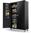 VINGLI Upgraded Wide & Deep Garage Storage Cabinet, Metal Storage Cabinet with Pegboards, Wheels, Locking Doors and Adjustable Shelves (Black, 43''W x 20''D x 72''H)