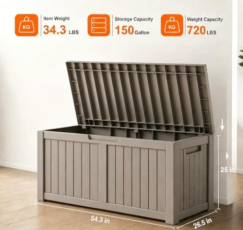 LAUSAINT HOME 150 Gallon Resin Deck Box, Package Delivery Box with Lockable Lid, Waterproof Outdoor Storage Box For Garden Tools, Patio Cushions(150 Gallon,Grey)