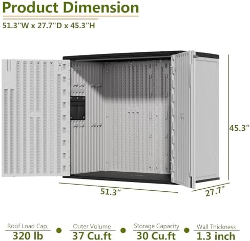 HOMSPARK 37 Cu.Ft Outdoor Storage Shed Weather Resistant, Multi Functional | Double-Wall Resin Storage Sheds & Outdoor Storage Box Waterproof for Backyard Garden Patio Lawn (Light-Grey)