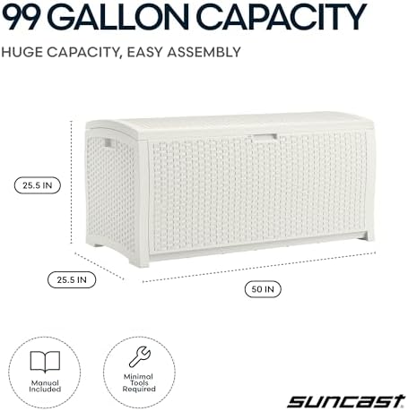 Suncast 99 Gallon Wicker Horizontal Outdoor Deck Box with Hinged Lid, Water-Resistant Storage Solution for Patio, Deck, Yard, and Garage, White, Made in the USA