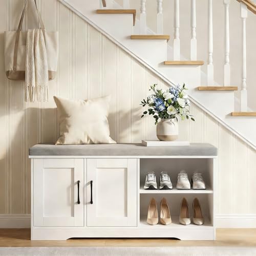 MAHANCRIS Storage Bench, 39.4" Wide Shoe Bench with Padded Seat Cushion, Entryway Bench with 2 Doors and Adjustable Shelf, End of Bed Bench, for Hallway, Bedroom, White and Gray BSWT1201