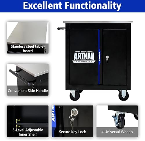 Double-Door Heavy-Duty Rolling Steel Tool Cart with Handle&Wheels, Metal Storage Organizer Cabinet, Tool Chest for Efficient Tool Storage in Garage, Warehouse, Workshop, Repair Shop, Blue