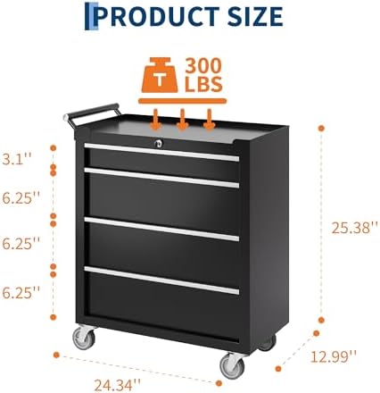 Rolling Tool Chest, 4-Drawer Tool Storage Cabinet, Tool Box with Wheels, Lock System and Drawer Liners, Tool Cart for Warehouse, Workshop and Repair Shop, Black
