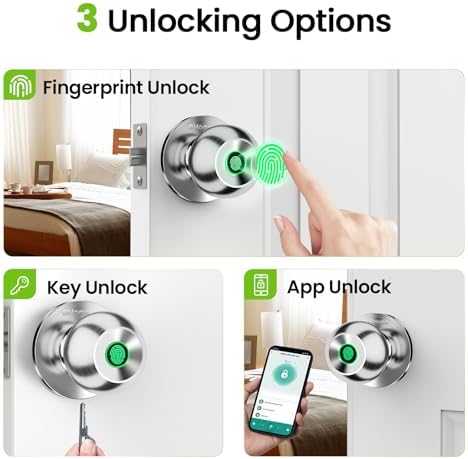 GHome Smart Fingerprint Door Lock, 3 in 1 Smart Fingerprint Door Knob with App Control & Key, Auto Lock, Biometric Door Knobs with Lock for Bedroom, Garage, Home & Office